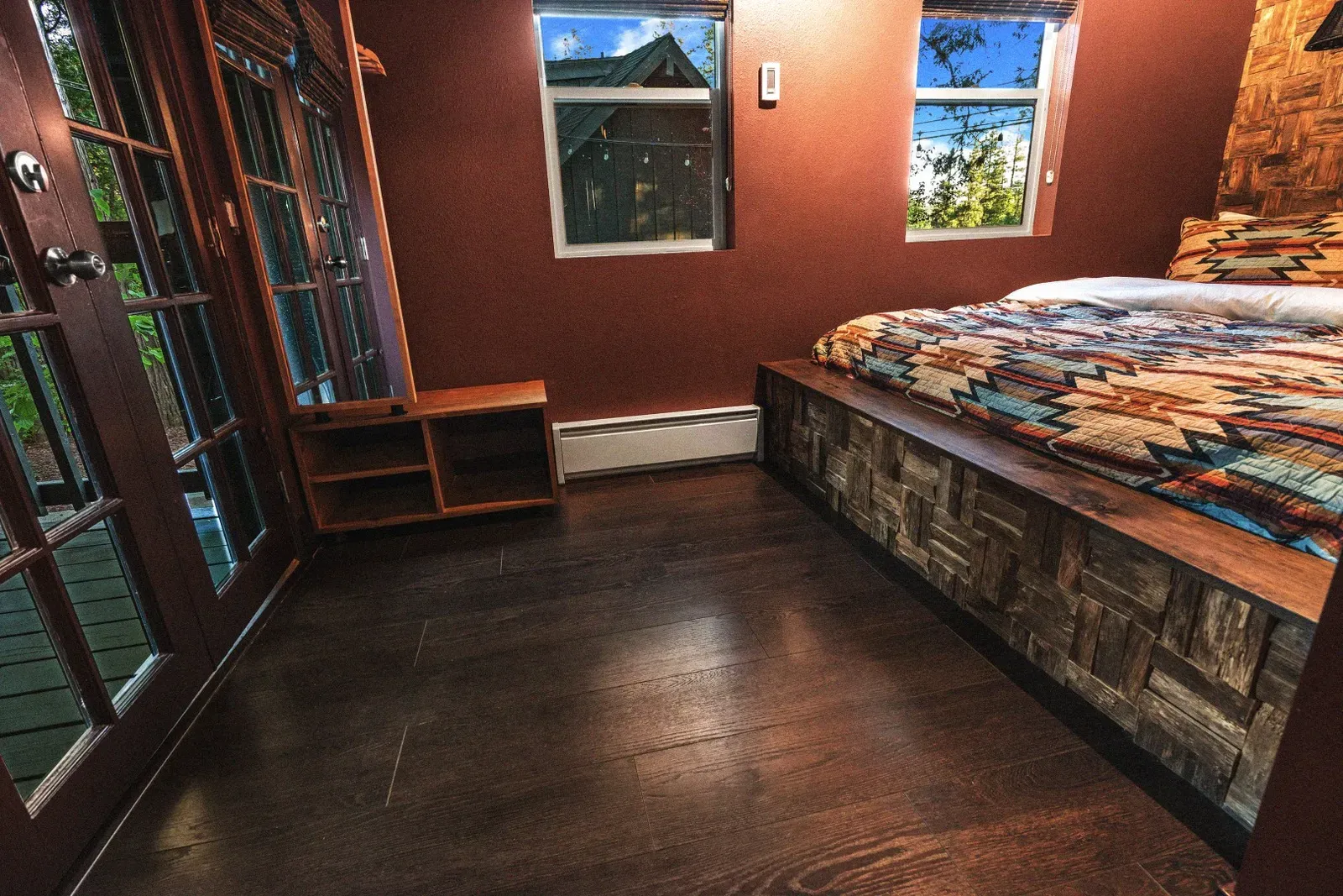 A full length mirror, shelves, and hangers are provided to store your clothes and belongings.