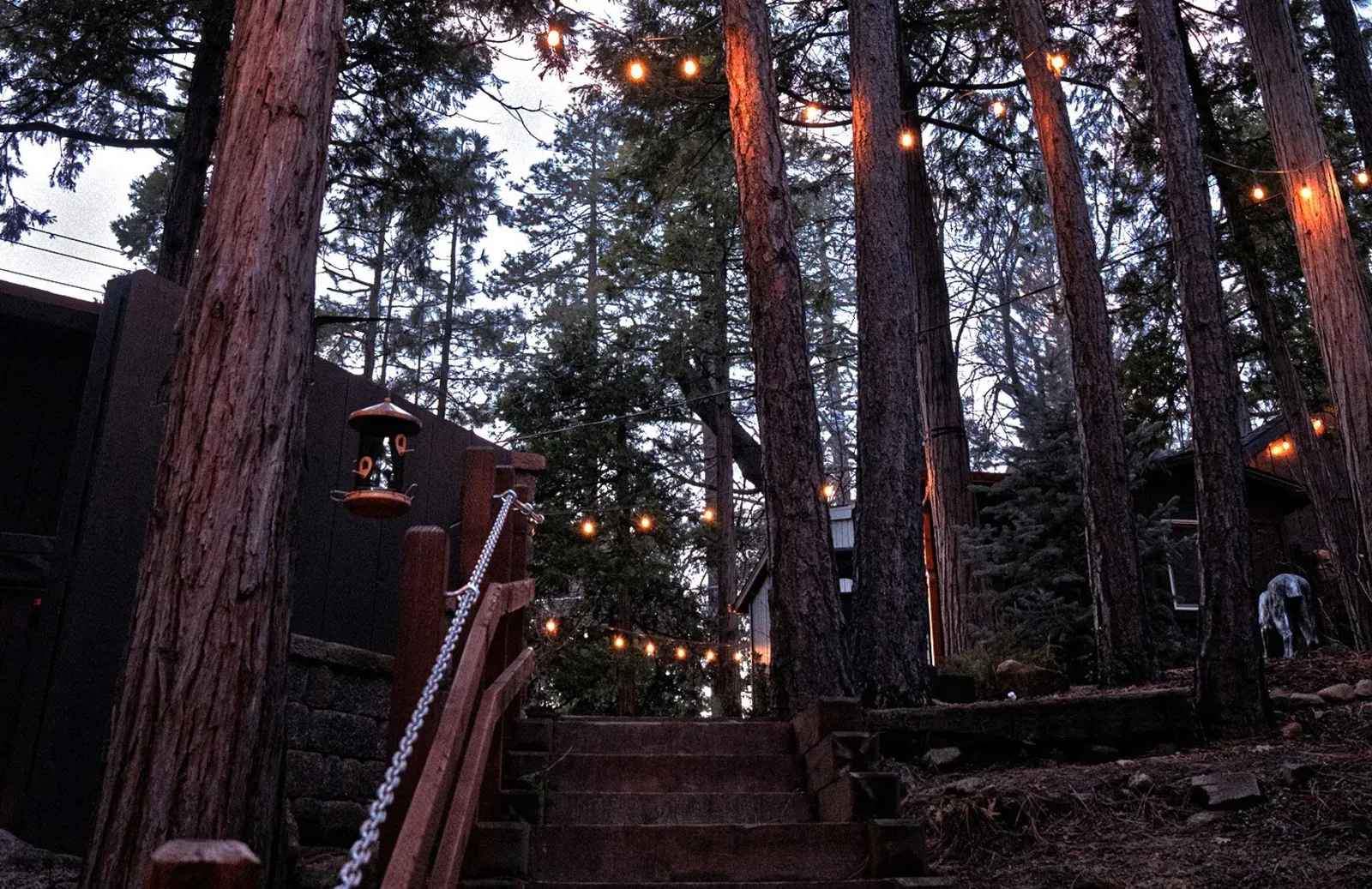 Gorgeous patio lights create a magical ambiance as the sun sets.