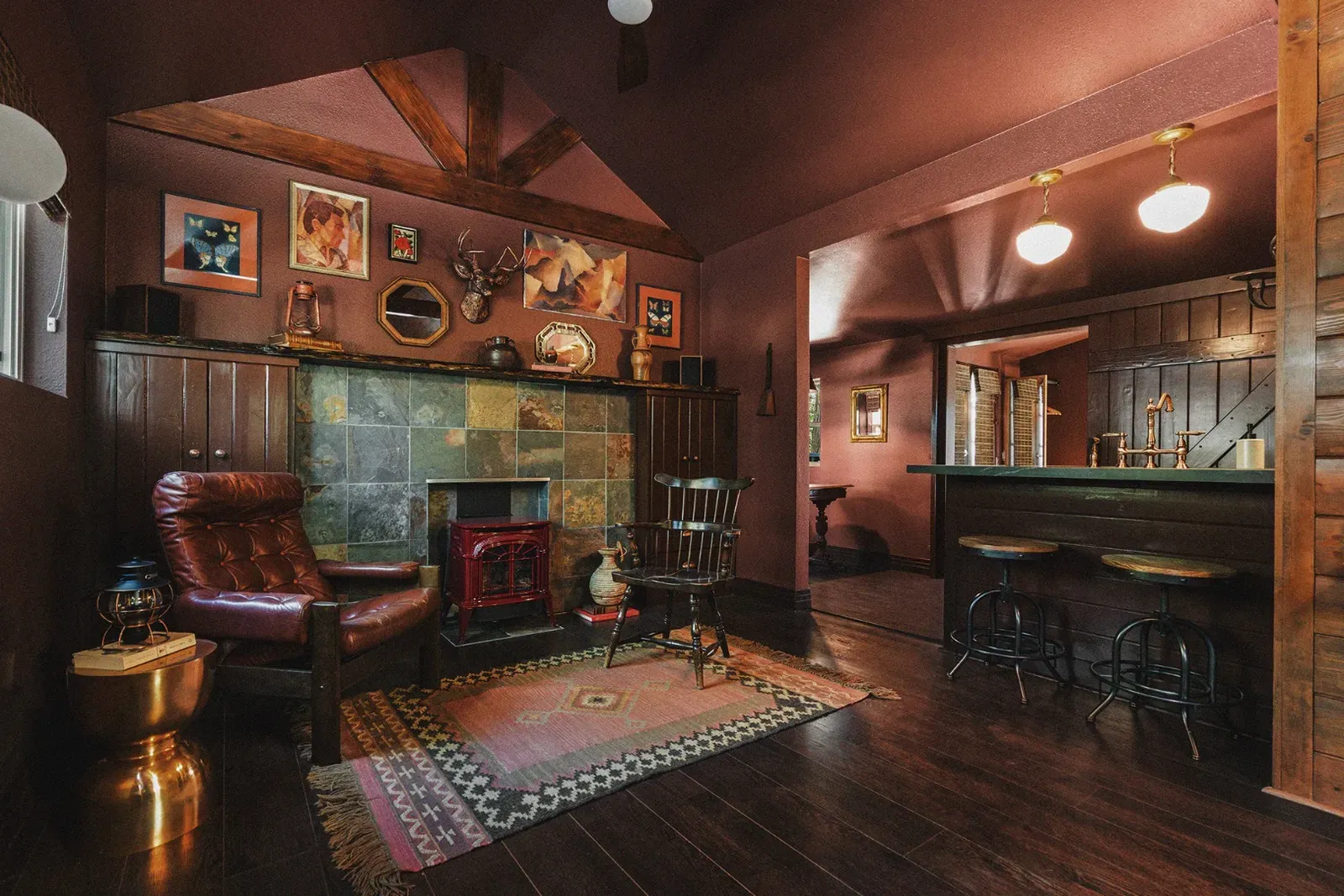Turn on the cozy red gas stove on chilly mountain nights.