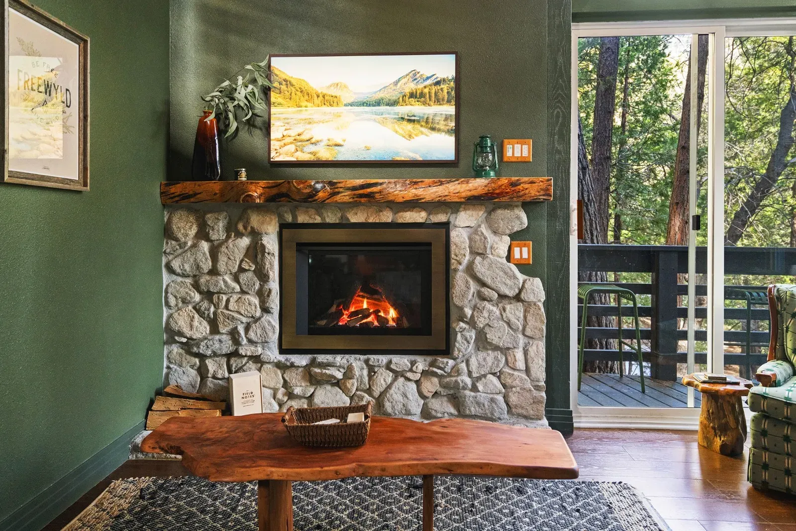 Cozy up to the fireplace, or watch your favorite shows on the Samsung Frame TV w/ cable and house Netflix account.