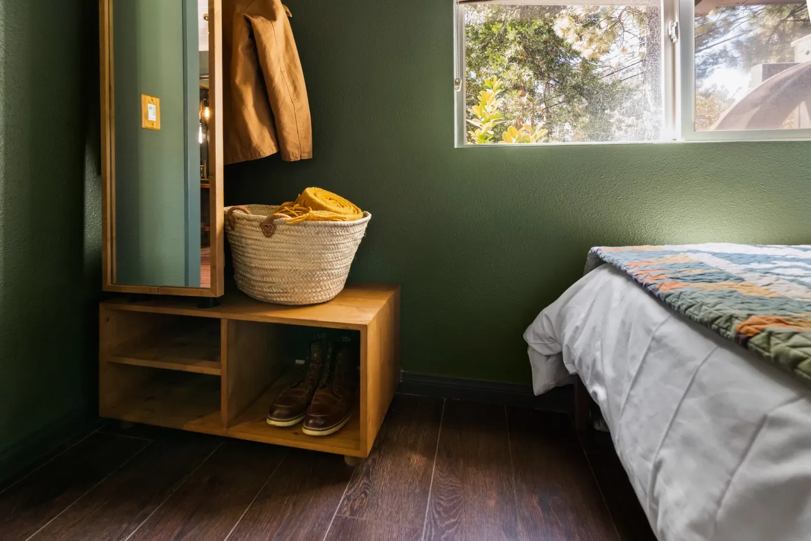 Store your belongings in the open wardrobe.