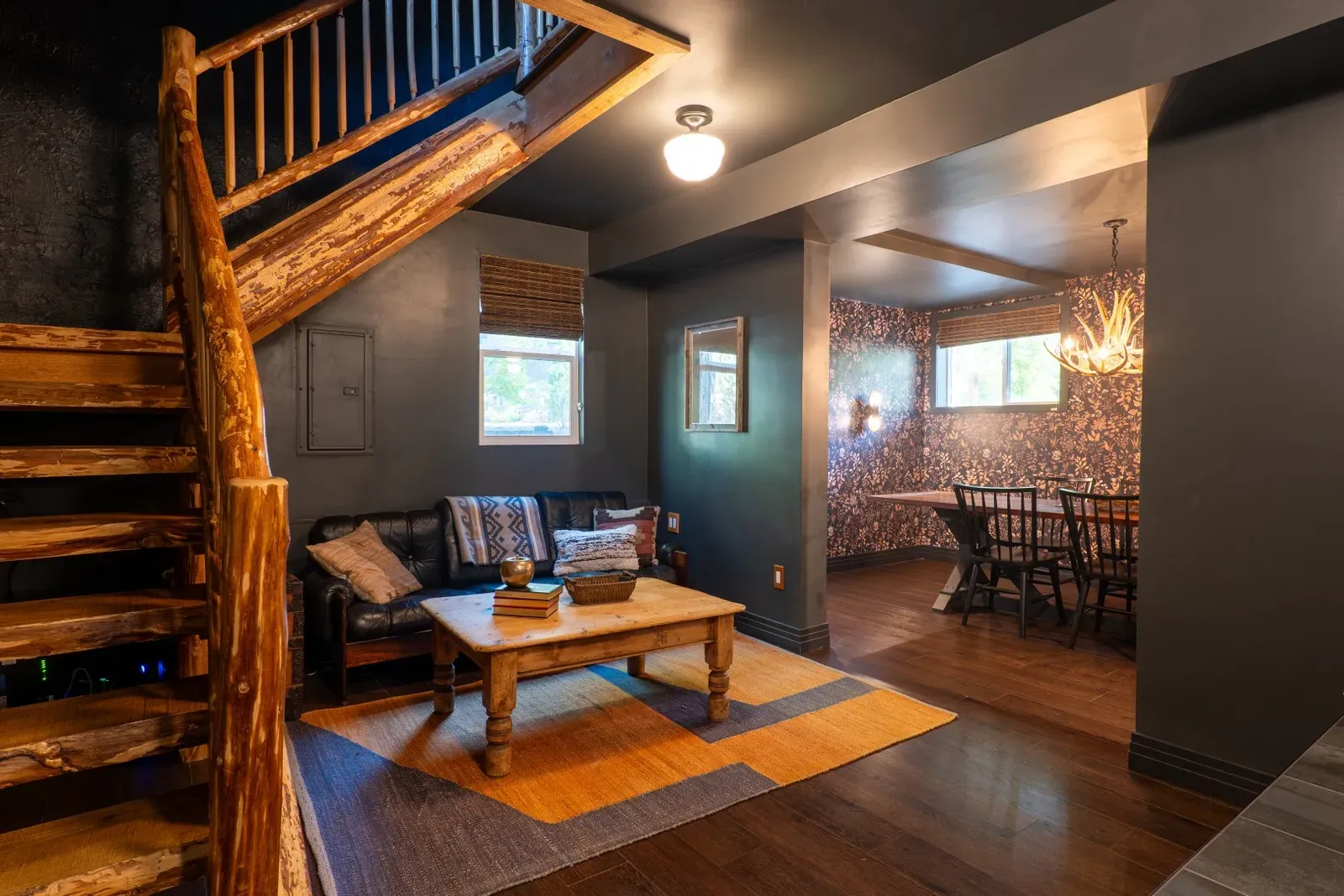 The reclaimed leather couch in the living space is the perfect place to enjoy conversation and relaxation with your group.