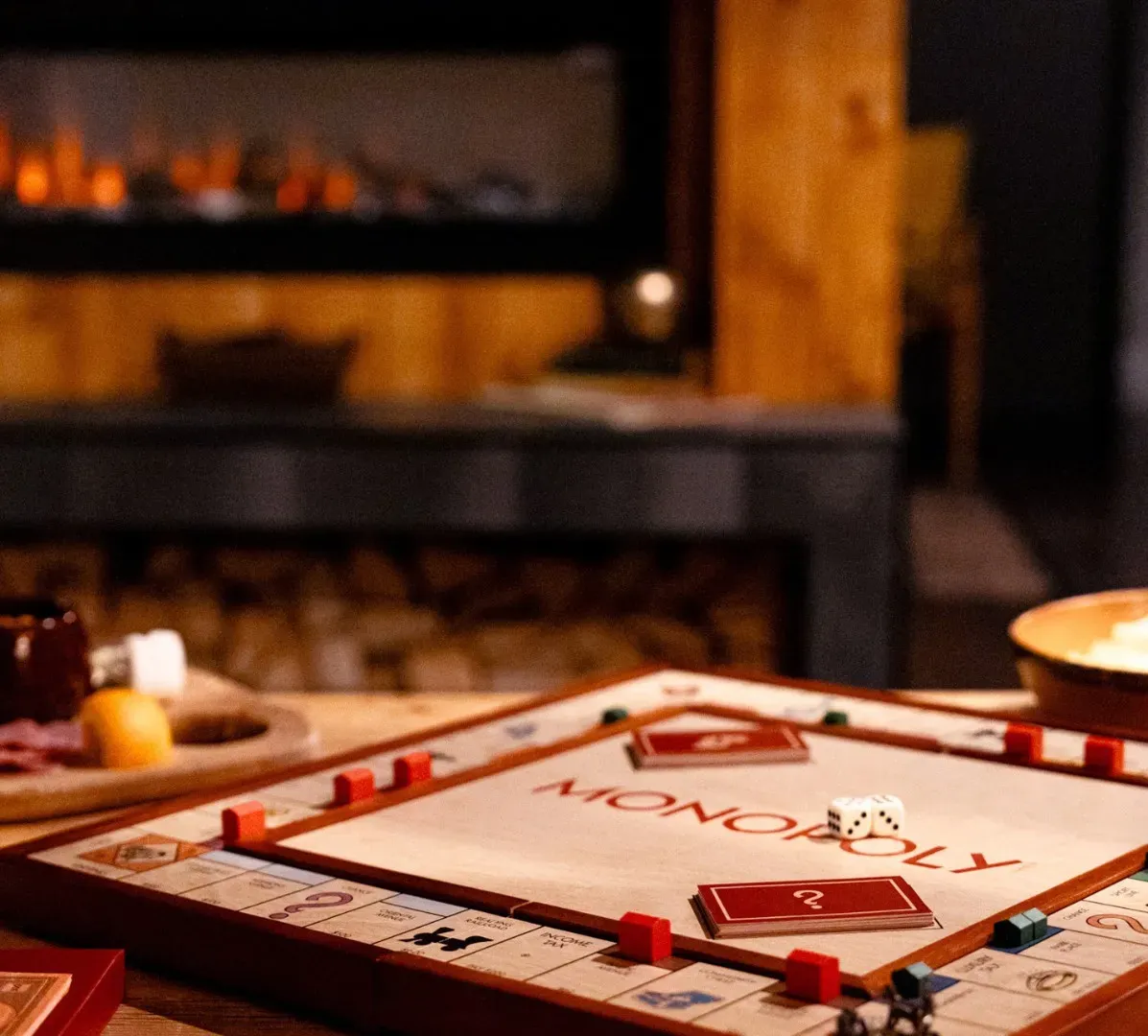 The gas fireplace adds to the cozy vibe of the cabin.