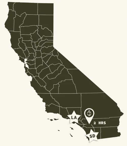 Map of California, USA showing driving distance from Los Angeles and San Diego to Freewyld's unique cabins in Idyllwild